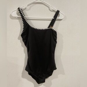 Anne Cole One Shoulder Black Swimsuit White Trim Gold Hardware SZ6 Resort Chic